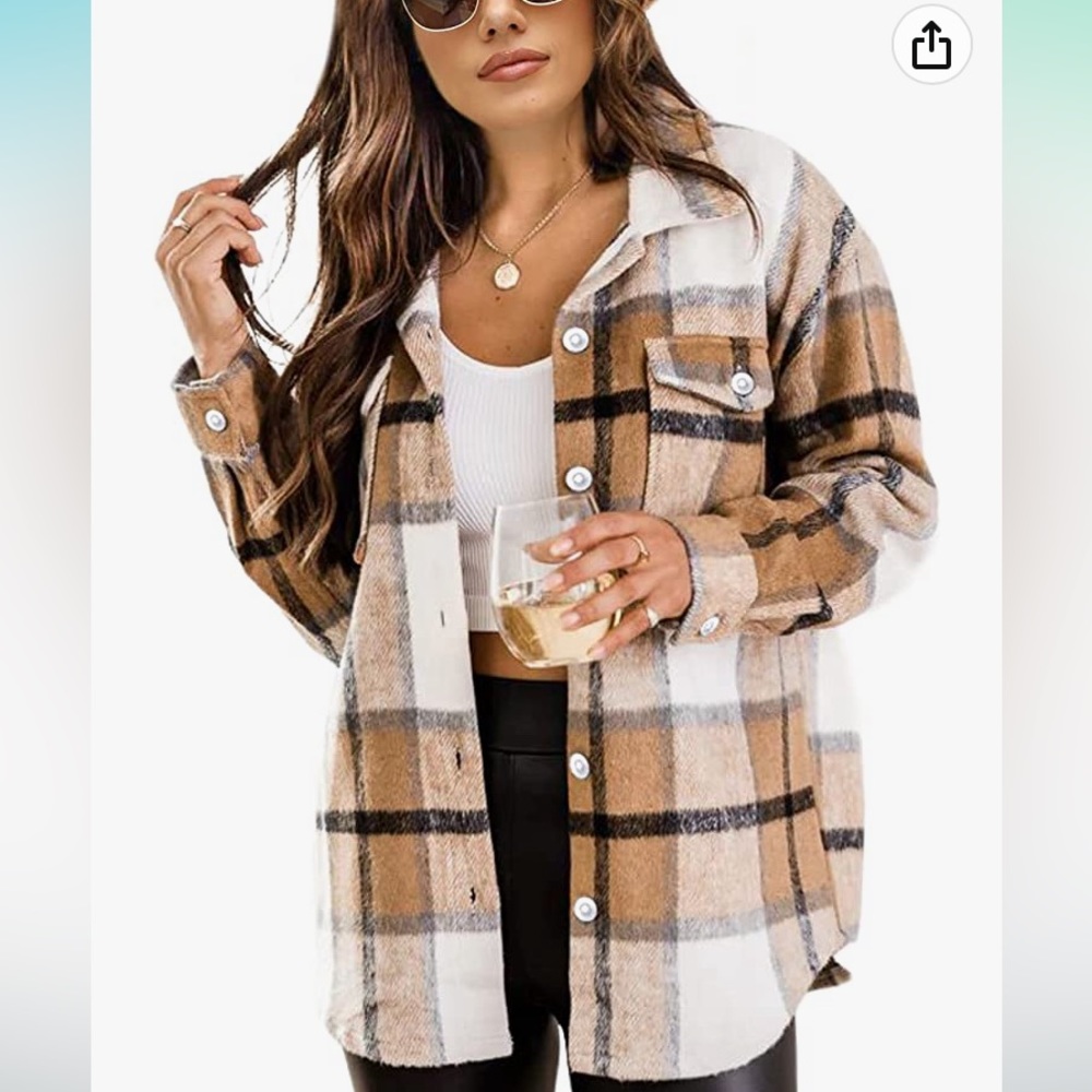 Womens Flannel Plaid Shacket XL Khaki Wool Blend Button Down Shirt Jacket